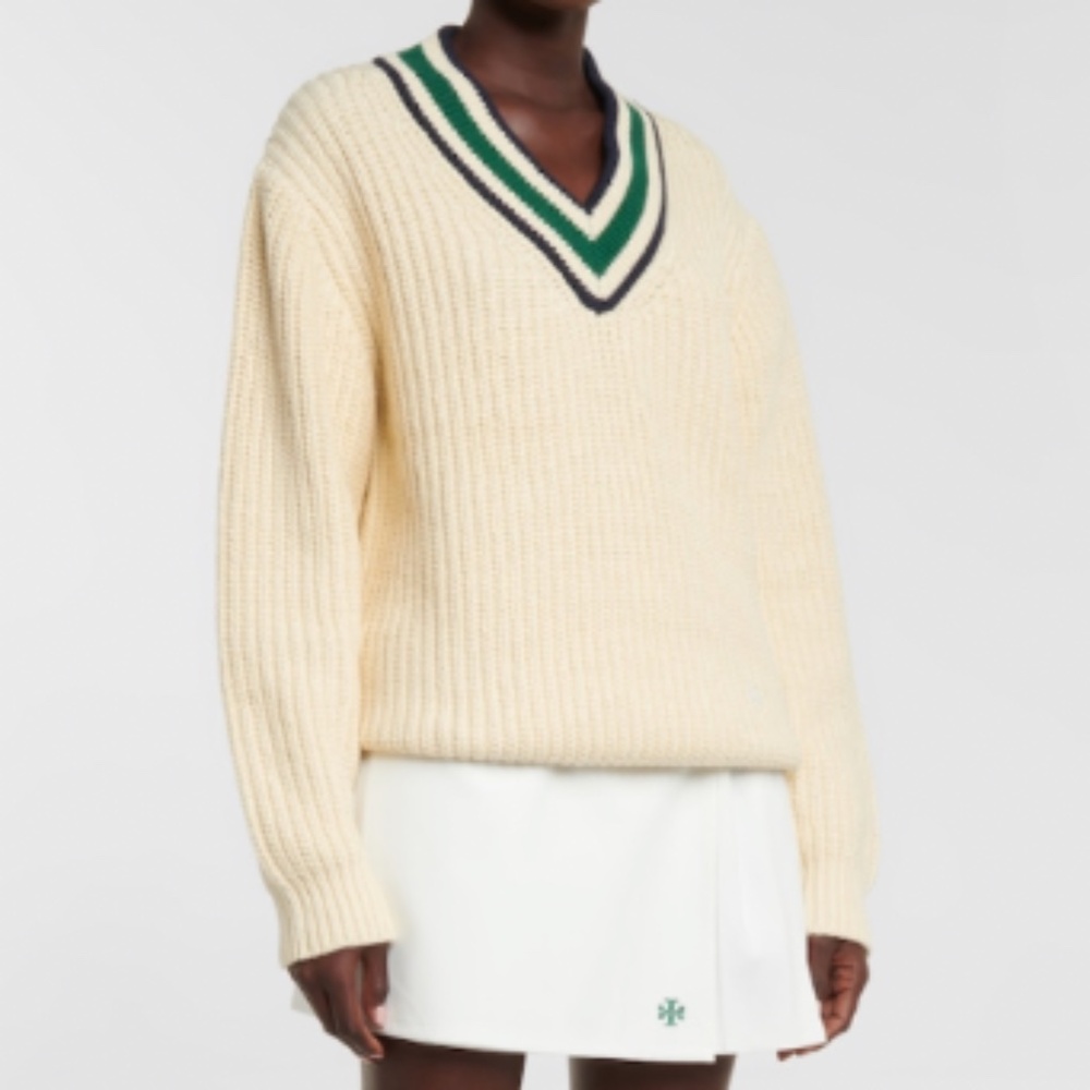 Tory Sport Cream V-Neck Sweater with Green and Navy Trim